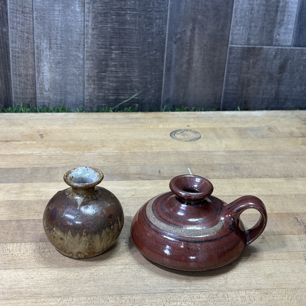 Vintage Studio Pottery Mini Vase & Handled Vessel Drip Glaze Earth Tone Set